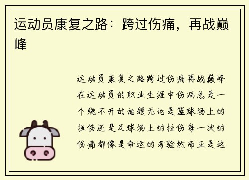 运动员康复之路：跨过伤痛，再战巅峰